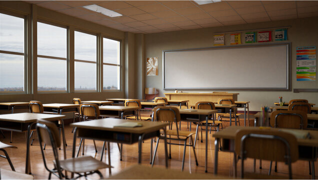 Empty classroom with rows of desks and chairs school room classroom interior