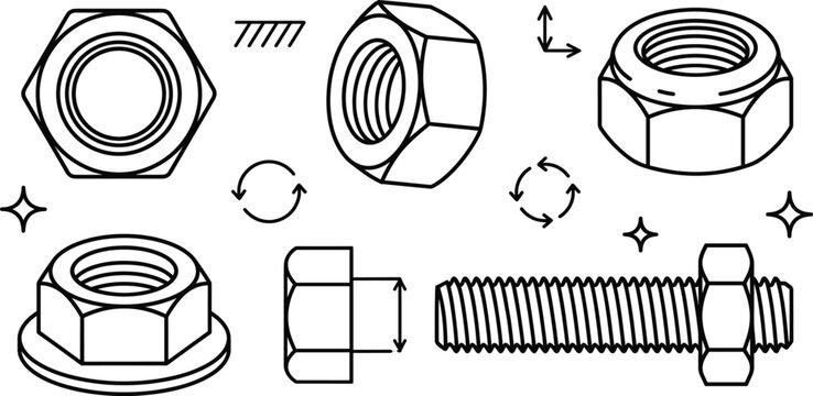 Industrial Fasteners Vector Icon Set with Hexagonal Nuts Flange Nut Locknut and Threaded Bolt Blueprint Designs