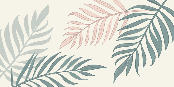Hand drawn tropical palm leaves pattern with muted pastel colors on cream background