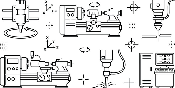 Industrial CNC Machine Milling Vector Icon Set with Metal Lathes Computer Control Station and Axis Blueprints