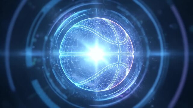Digital Wireframe Basketball with Light Pulse on Black Background - A glowing blue wireframe basketball with a bright light pulse emanating from its center is prominently displayed against a dark,