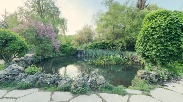 A tranquil garden pond mirrors surrounding green trees, lush bushes, and a gentle waterfall. This beautiful landscape creates a deeply peaceful feeling of serene relaxation and quiet joy.