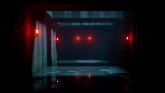 Gloomy industrial corridor with red emergency lights and reflective wet floor