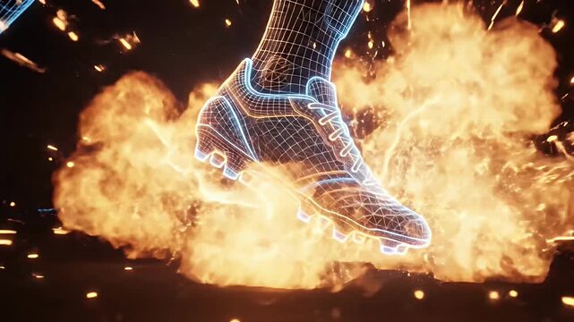 Digital Wireframe Soccer Cleat Energy - A futuristic digital wireframe model of a soccer cleat steps onto a surface, emitting vibrant orange and yellow energy sparks.