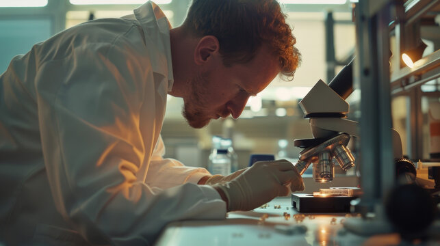 A scientist wearing a lab coat peering into a microscope at a crosssection of a biofabricated vessel examining its structural integrity.
