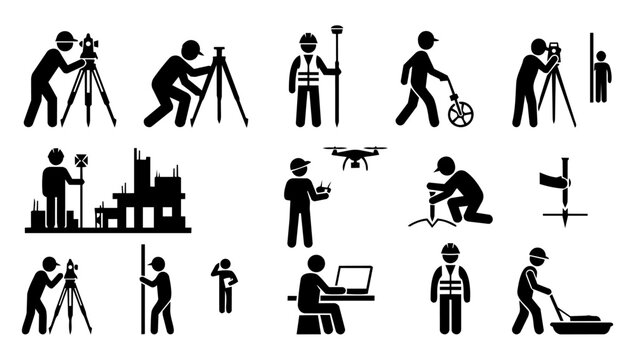 Surveyor Fieldwork and Construction Survey Silhouette Icon Set