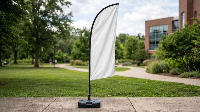 A high quality photograph showing a blank white feather flag standing on a heavy black base on a concrete sidewalk during a bright and sunny day for professional advertising needs.