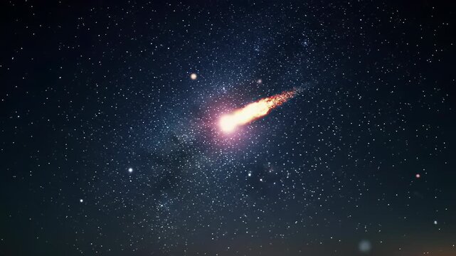 Luminous shooting star streaks across a deep indigo night sky filled with shimmering stars, constellations, and the ethereal Milky Way. Infinite deep space concept