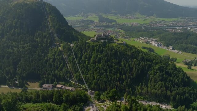 Aerial panorama of Ehrenberg Castle and Highline 179 bridge in Austrian Alps with breathtaking landscape and tourism