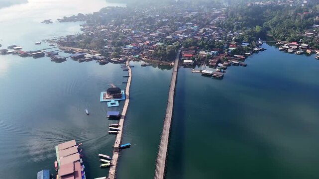 Aerial view of Mon Bridge or Uttamanusorn Bridge in Sangkhlaburi, Kanchanaburi Province, Thailand