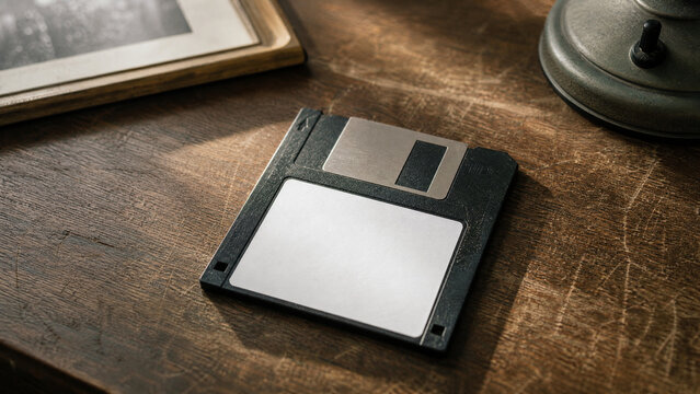 Two obsolete 3.5 inch computer disks with blank labels on rustic wood