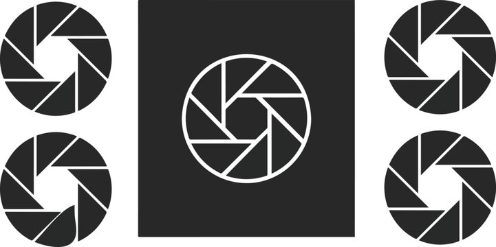 Lens aperture diaphragm graphic element collection isolated on contrast background containing circular camera focus shutter speed control and studio photography symbols.