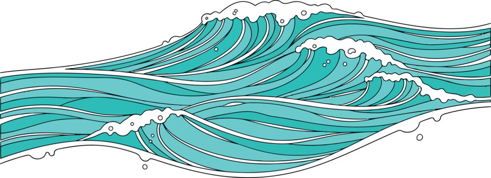 Layered teal ocean waves with white foam detail white background flat design ocean wave pattern breaking illustration background backdrop isolated abstract movement