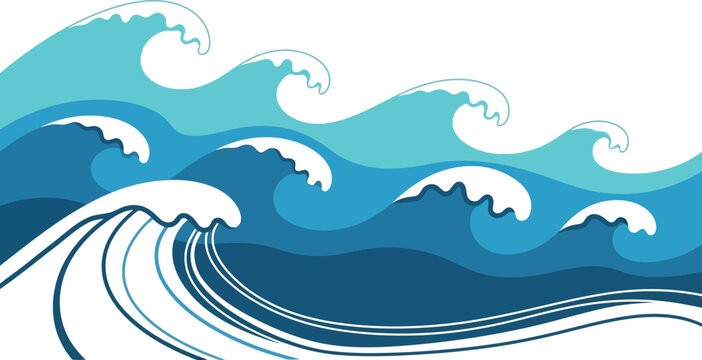 Multiple blue ocean waves in motion with white caps crashing illustration abstract background isolated tropical movement undertow backdrop
