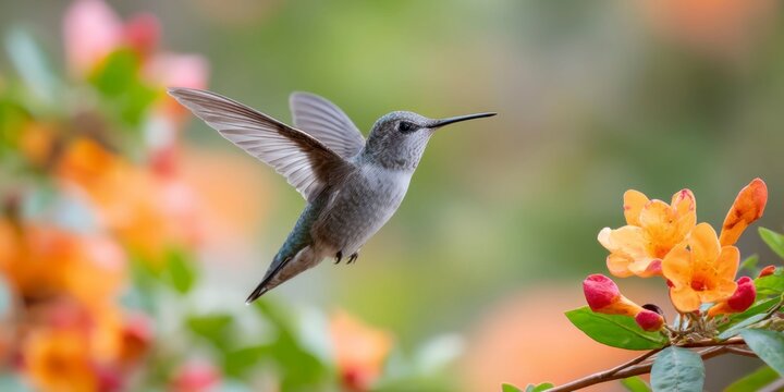 a hummingbird hovering near vibrant orange and red flowers, its iridescent plumage shimmering in the sunlight