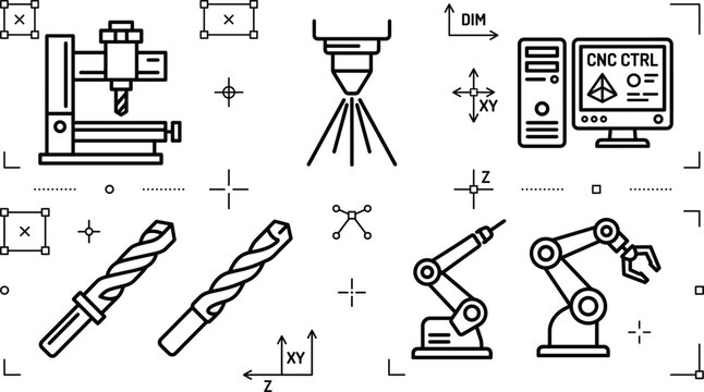 Industrial Manufacturing CNC Vector Icon Set with Robotic Arms Laser Cutting Computer Controls and Drill Bits