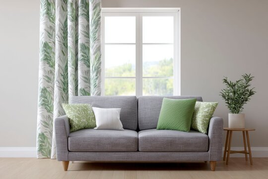 a living room with a grey sofa, green and white curtains with a leaf pattern print on window, modern home decor