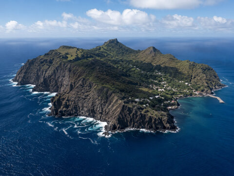 Hyper-realistic aerial image of Pitcairn Island, showing lush green volcanic terrain, rugged cliffs, and a small settlement by the blue ocean, isolated on transparent background, remote paradise.