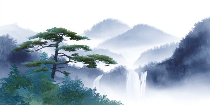 a painting of an ancient pine tree in the mountains, with misty waterfalls and clouds in the background.