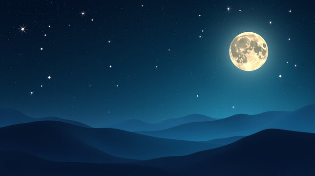 Night landscape with full moon and stars, universe