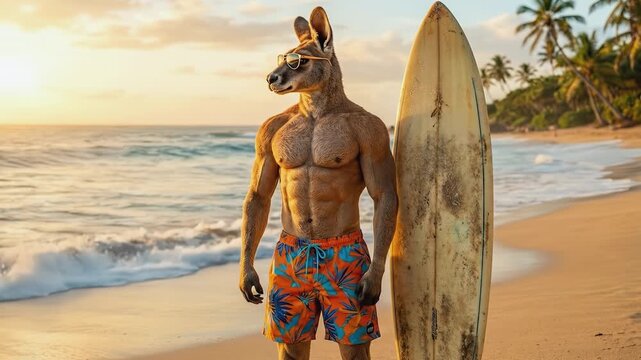 Muscular kangaroo in sunglasses holding a surfboard on a sandy beach at sunset