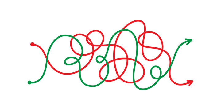 Red and green tangled arrows vector illustration. Complex messy chaos path concept, labyrinth or problem solving way.