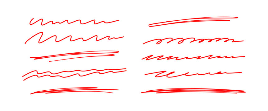 Red handwritten accent lines vector set. Hand drawn underline, scribble strokes and marker highlights. Red highlighter lines.