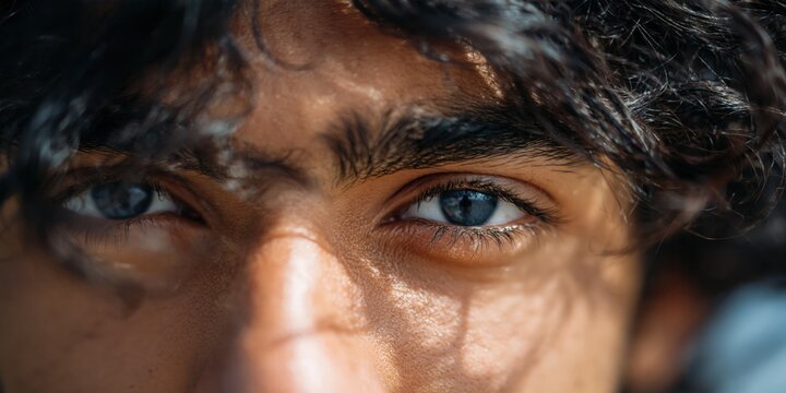 Young man with shadow patterns across face in outdoor closeup portrait