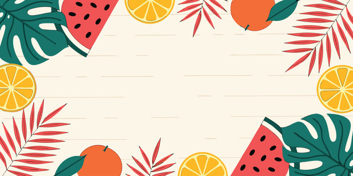 Tropical summer frame design with citrus fruits and monstera leaves