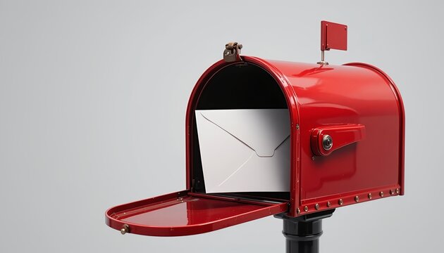 Vintage red metal mailbox with open door and white envelope inside, realistic postal box design with glossy finish, isolated on textured background, classic mail delivery concept