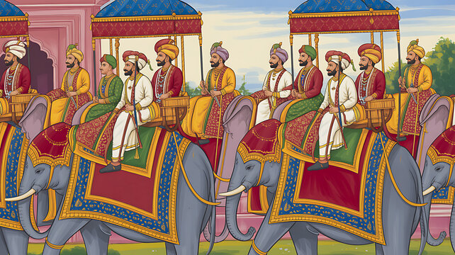 Indian mughal miniature painting depicting a maharaja procession with elephants and attendants
