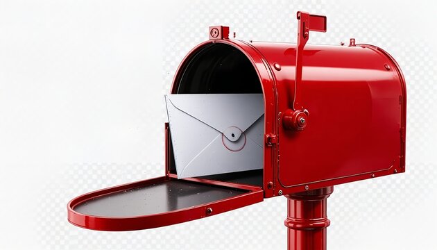 Vintage red metal mailbox with open door and white envelope inside, realistic postal box design with glossy finish, isolated on textured background, classic mail delivery concept