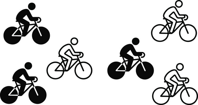 Minimal black and white bicycle icon set of six cycling silhouettes arranged in grid layout with dynamic rider poses and geometric design