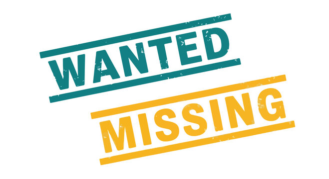A bold and colorful wanted and missing person poster with striking typography and vibrant design elements