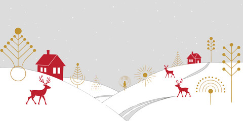 Whimsical winter scene with red houses reindeer and stylized decorative trees © Sadhin07