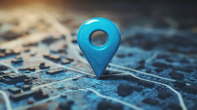 A blue map pin sits on a city map.