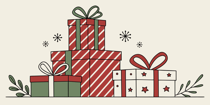 Stack of striped gift boxes with ribbons and decorative foliage elements for christmas design