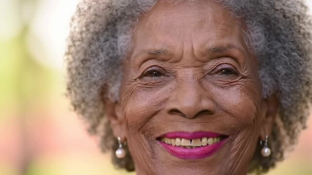 Close-up video of an elderly african american woman with grey curly hair, pink lipstick, radiant smile, and sparkling eyes, against creamy peach bokeh. Profound beauty of authentic aging