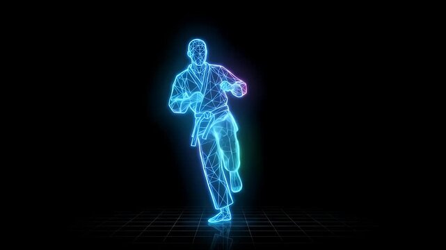 Futuristic Martial Artist in Neon Wireframe - This video features a stylized, wireframe depiction of a martial artist posed in a dynamic stance.