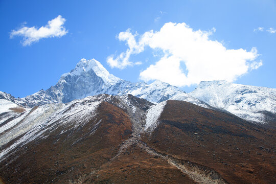 Majestic snow-capped Himalayan mountains under clear blue sky in Nepal's stunning landscape