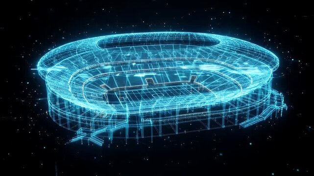 Futuristic Stadium Blueprint - A stunning digital representation of a stadium, depicted in a transparent, blue wireframe.