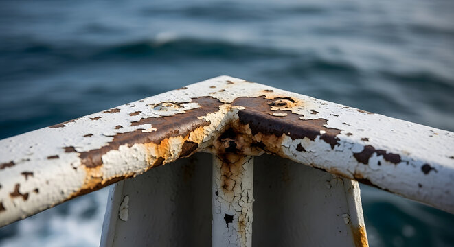 weathered boat prow with peeling paint and rust close up ocean view