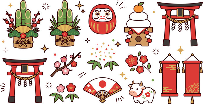 Japanese New Year Illustration Featuring Traditional Celebration Scenes in Vector Artwork