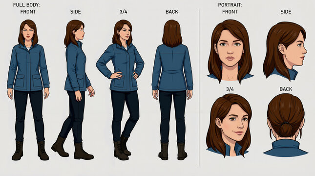 Character design reference sheet of a young woman showing multiple full body and portrait views