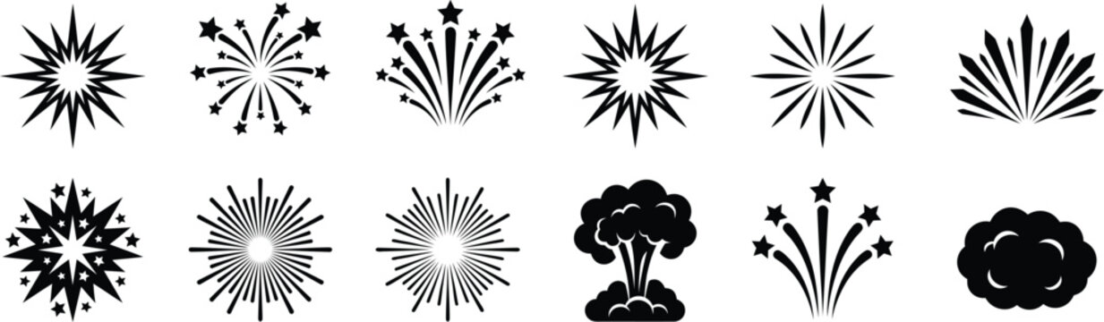 Set of black and white fireworks and explosion illustrations for design