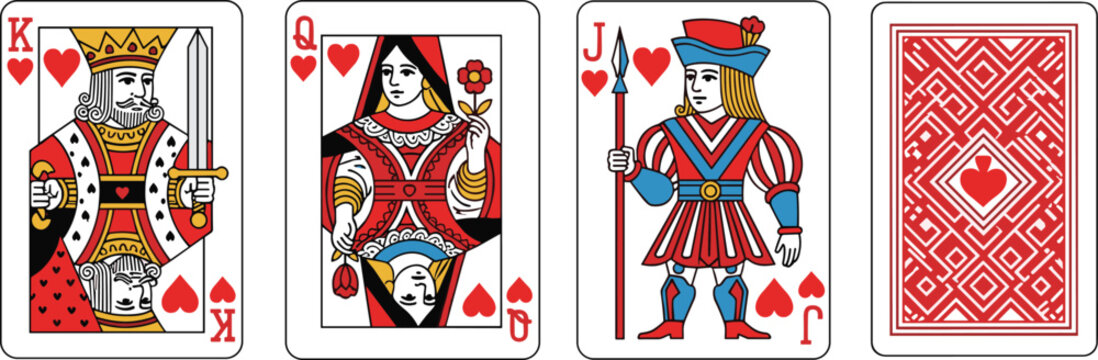 King Queen and Jack of Hearts Playing Cards Vector Set Featuring Traditional Royal Face Card Characters and Red Patterned Geometric Deck Back Design