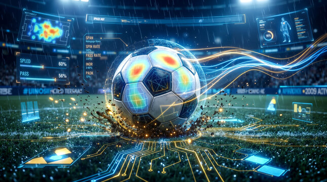 High tech soccer ball on wet grass with digital interface data overlay and spin rate charts
