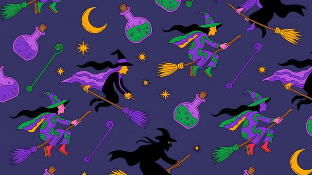 Seamless pattern with cute witches flying on brooms, magic potions, and stars on a dark purple background