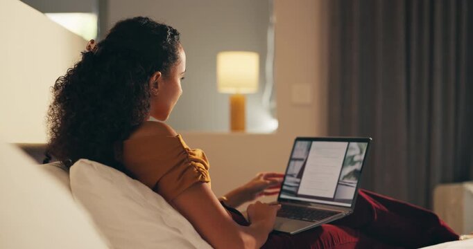 Laptop, relax and woman in bedroom for hotel, hospitality or tourism information on website. Browsing, search and person with computer screen for internet, connection or reading FAQ for accommodation