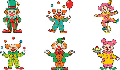 Cute Cartoon Circus Clown Character Vector Set with Juggling Jester Performers Riding Unicycle Holding Balloon and Pie for Birthday Party Designs © MdSaddam